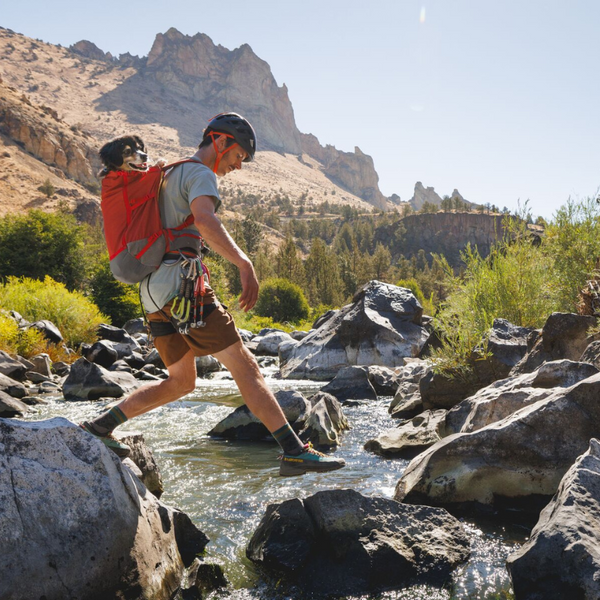 Man hiking with dog using the Hitch Hiker™ Carrier.